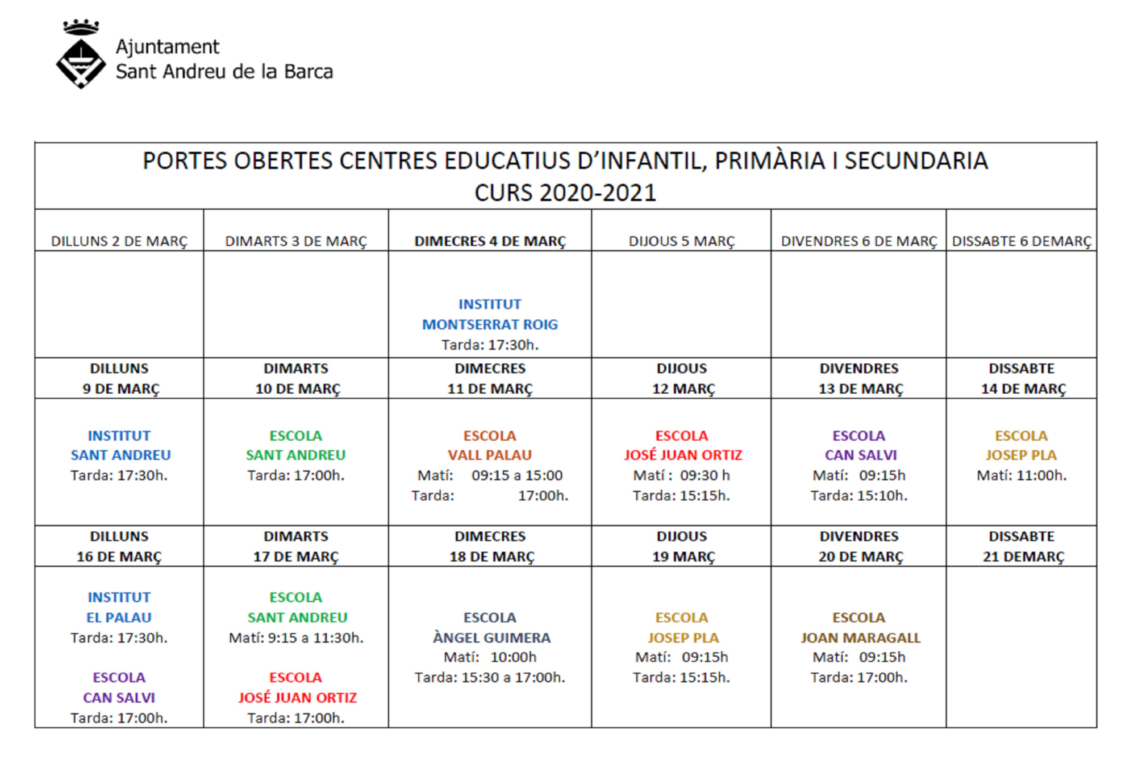 calendari jornades obertes escoles